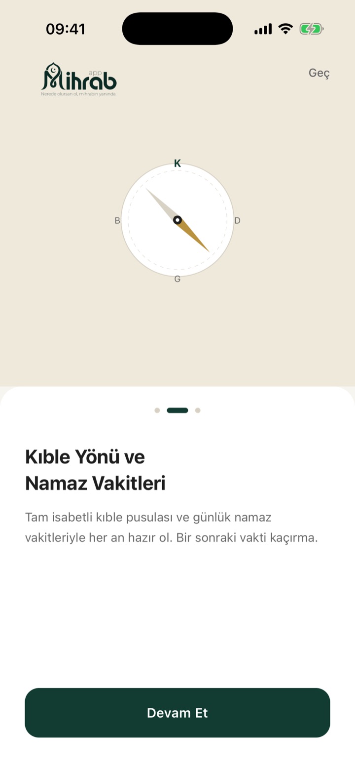 Mihrap tanıtım ekranı — kıble ve vakitler